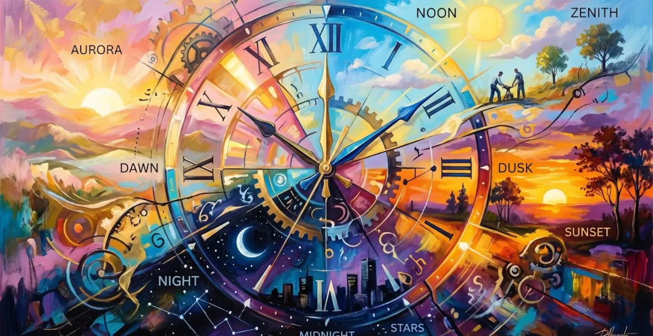 Horloge abstraite avec éléments visuels suggérant différents moments de la journée
