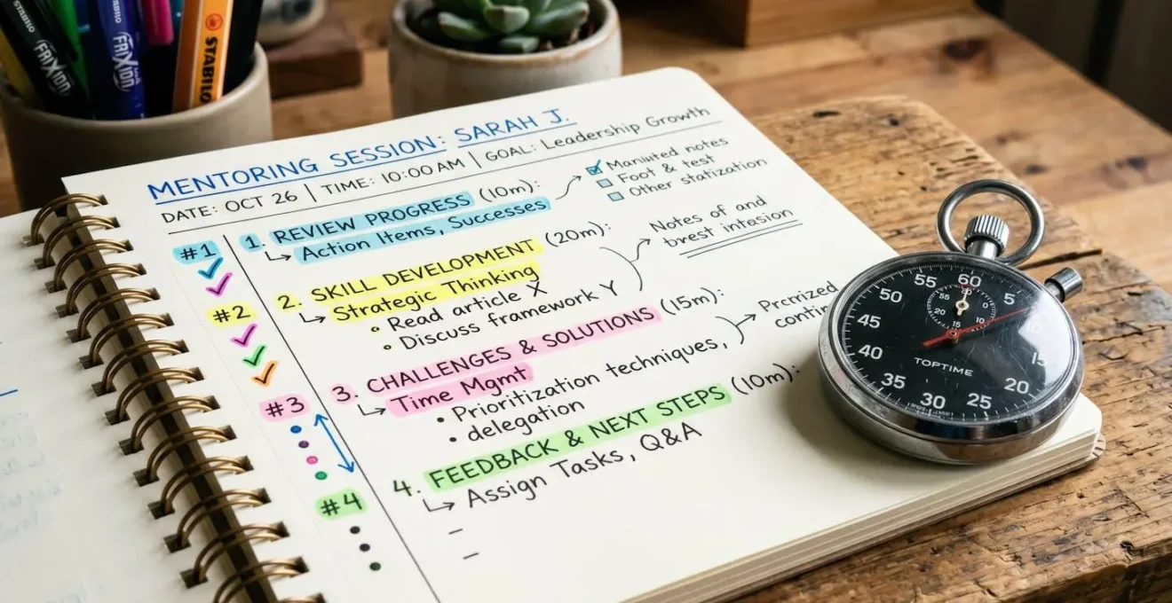 Gros plan sur un agenda structuré avec des notes colorées et un chronomètre, symbolisant la préparation efficace d'une session de mentorat