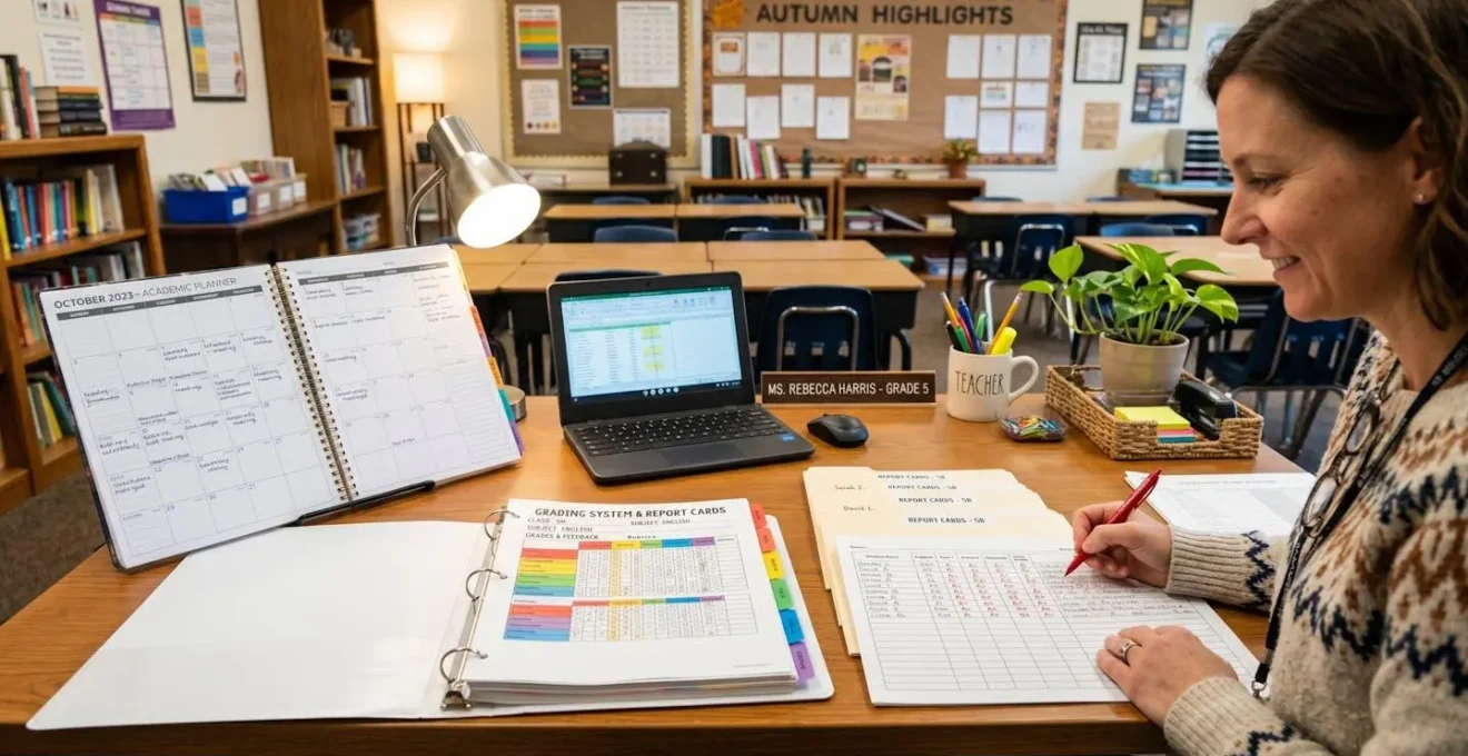 Bureau d'enseignant organisé avec calendrier et système de notes structuré pour les bulletins