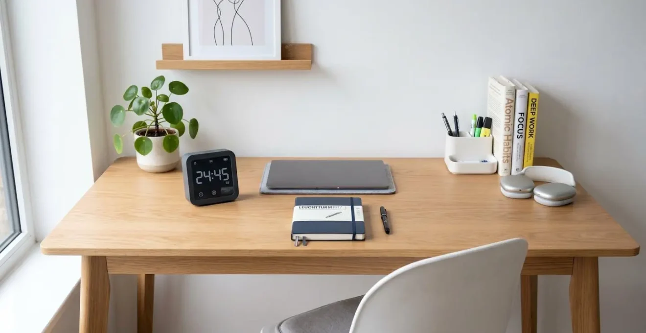 Bureau d'étude minimaliste avec minuteur et espace de travail organisé