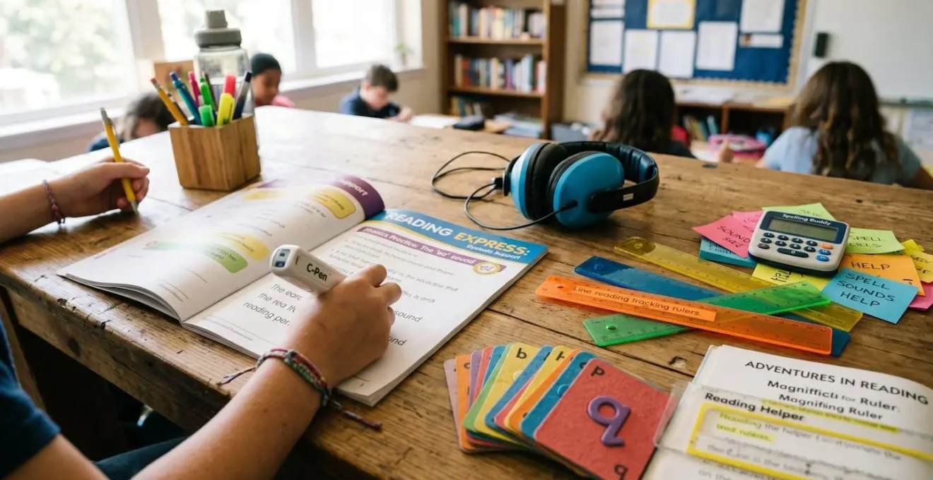 Gros plan sur des outils d'adaptation pédagogique pour élèves dyslexiques disposés sur un bureau