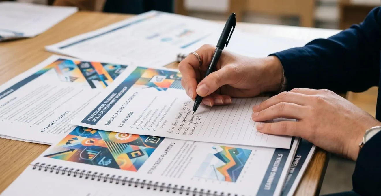 Vue macro sur des mains tenant un stylo au-dessus de documents de formation avec éléments graphiques abstraits