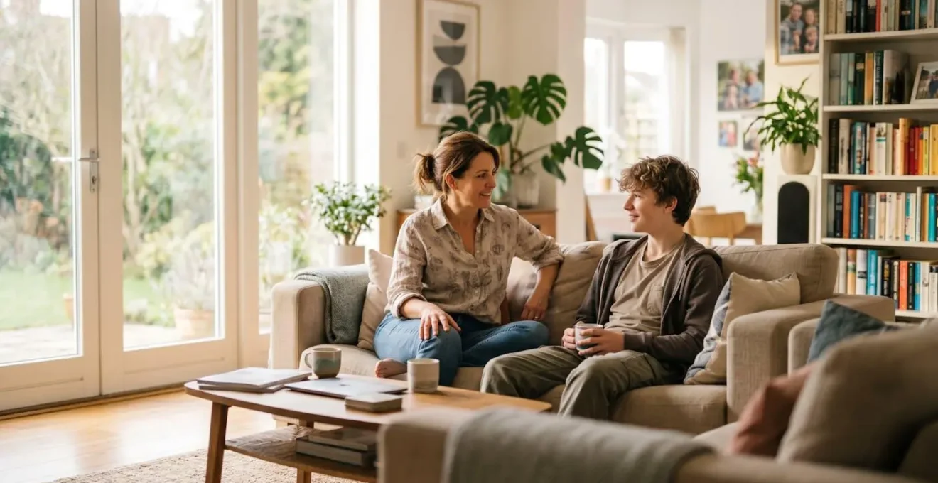 Parent et adolescent en discussion détendue dans un salon lumineux