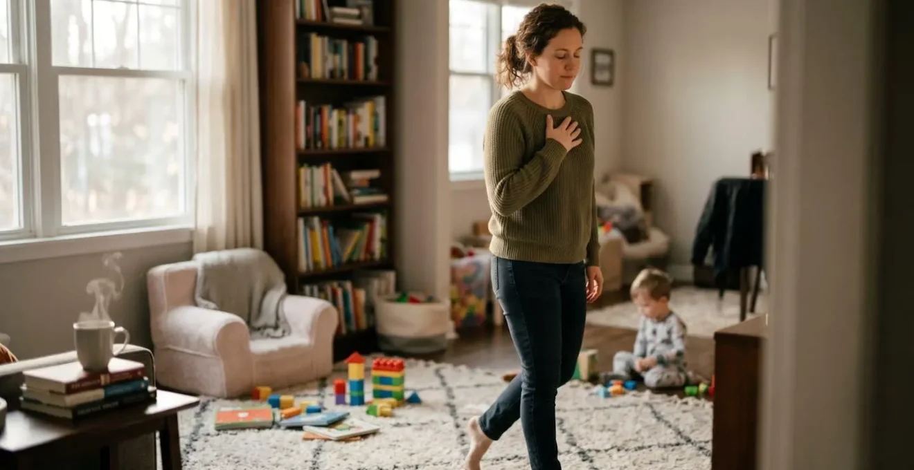 Parent prenant du recul dans un espace calme pendant une pause émotionnelle