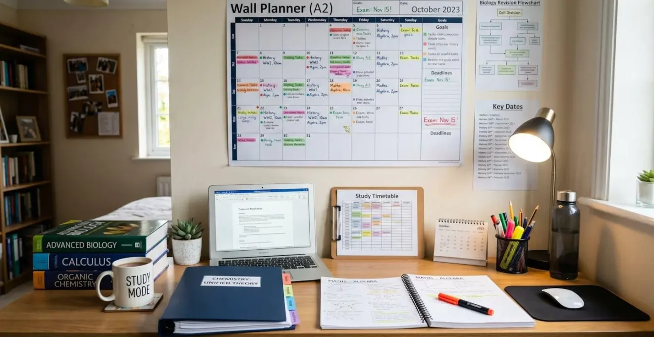 Bureau d'étudiant organisé avec planning mural et matériel de révision structuré