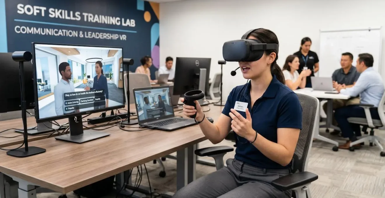 Personne utilisant un casque de réalité virtuelle dans un environnement de formation pour développer ses soft skills