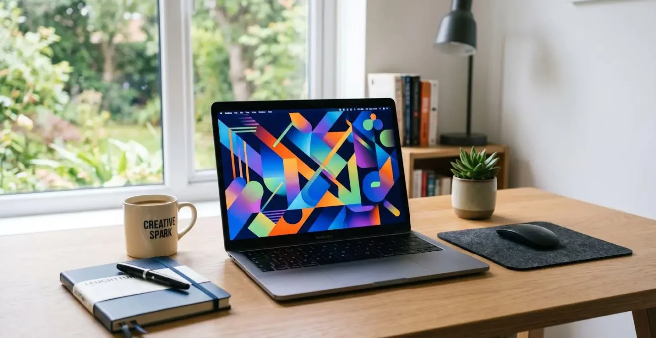 Espace de travail épuré avec ordinateur portable montrant des formes abstraites