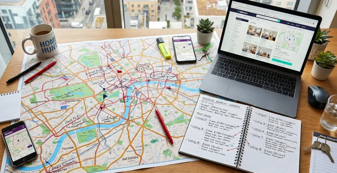 Vue aérienne d'un bureau avec carte urbaine, ordinateur portable et notes manuscrites symbolisant la planification de la recherche de logement.