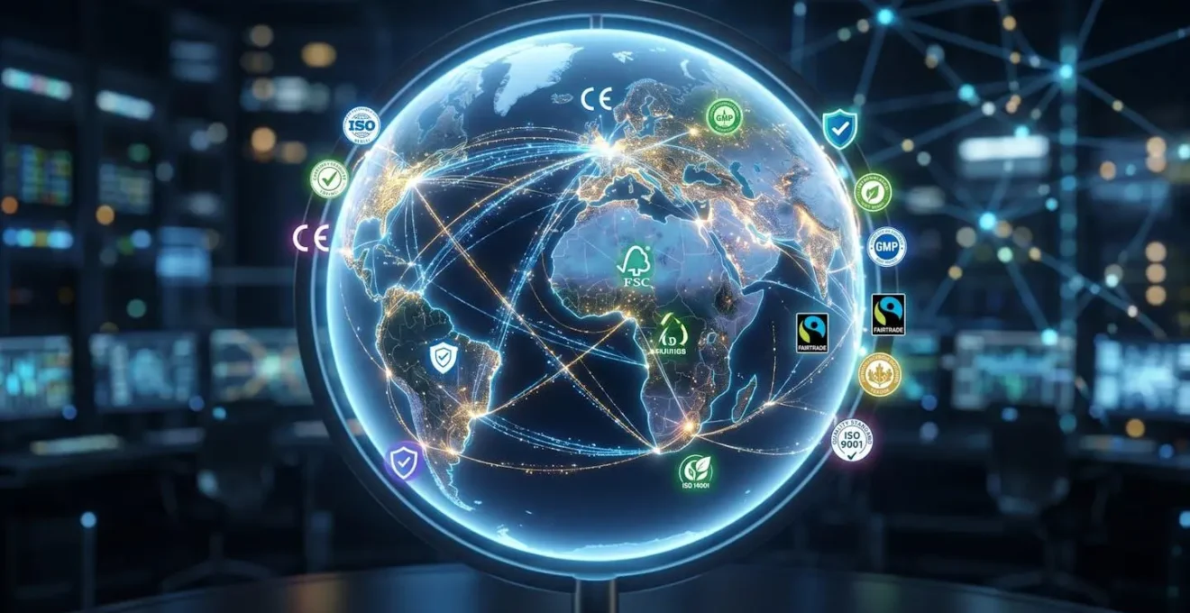 Globe terrestre avec chemins lumineux connectant différents continents et symboles de certification