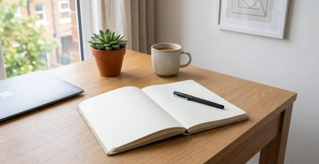 Espace de travail minimaliste avec carnet ouvert et stylo, prêt pour la rédaction du rapport d'étonnement.