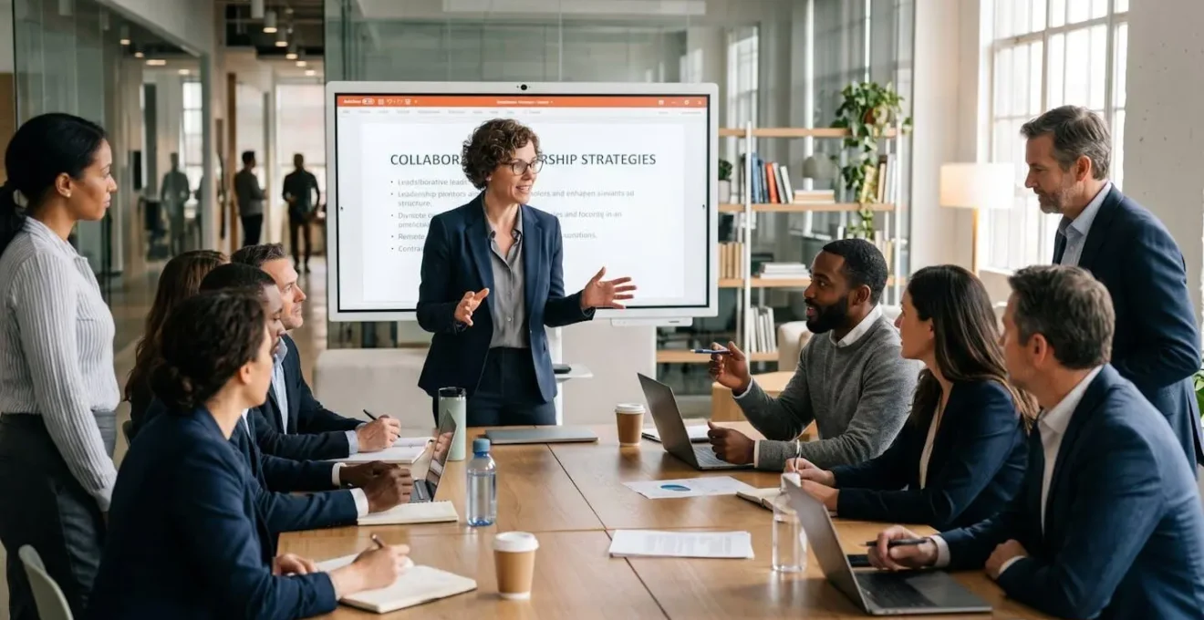 Groupe de dirigeants en situation d'échange et de formation entre pairs dans un espace collaboratif
