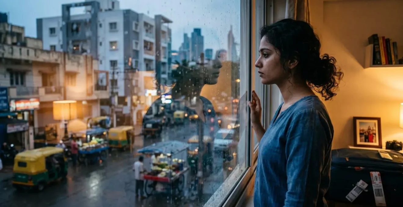 Personne de profil regardant par une fenêtre avec un reflet, symbolisant la contemplation et l'introspection du choc culturel inverse.