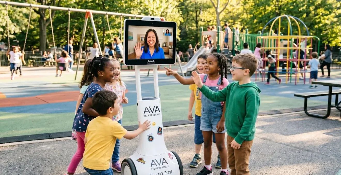 Robot de téléprésence entouré d'enfants dans une cour de récréation ensoleillée