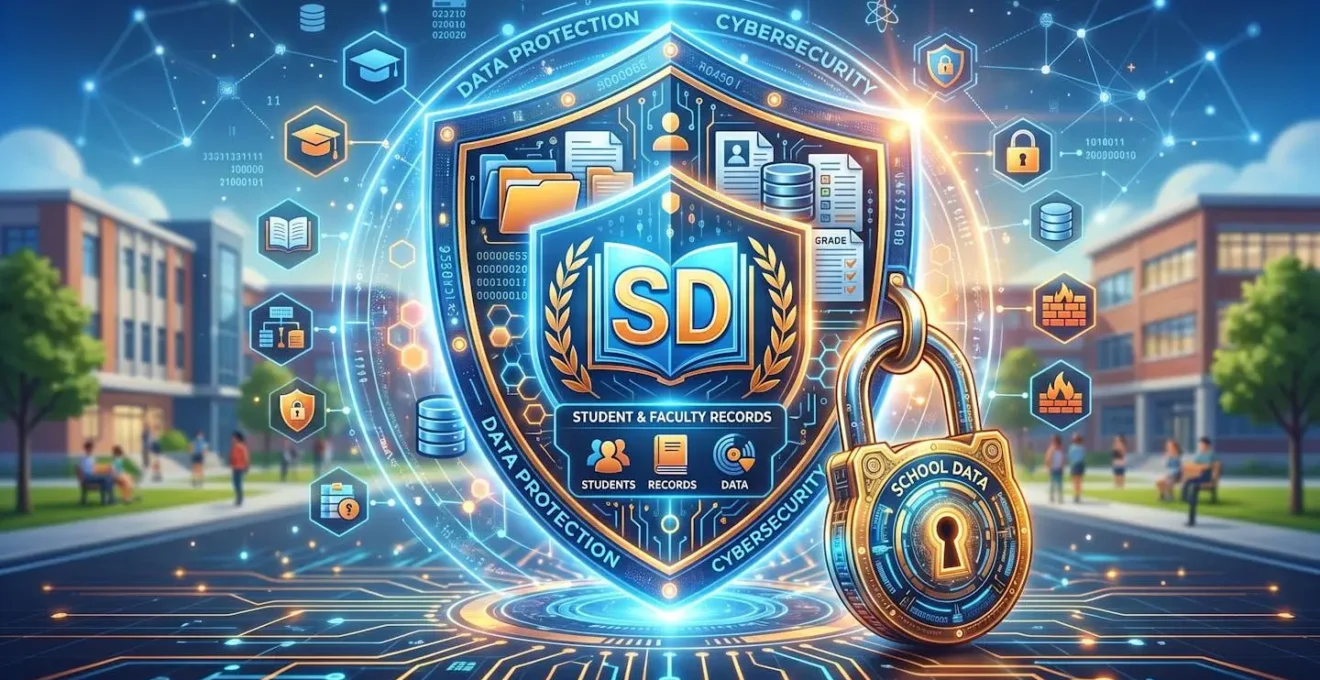 Représentation symbolique de la protection des données scolaires avec cadenas et bouclier numérique