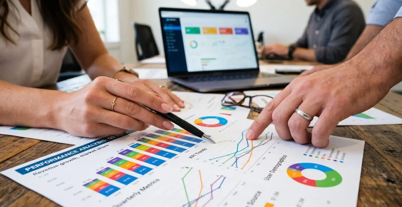 Gros plan sur des mains analysant des graphiques colorés de performance
