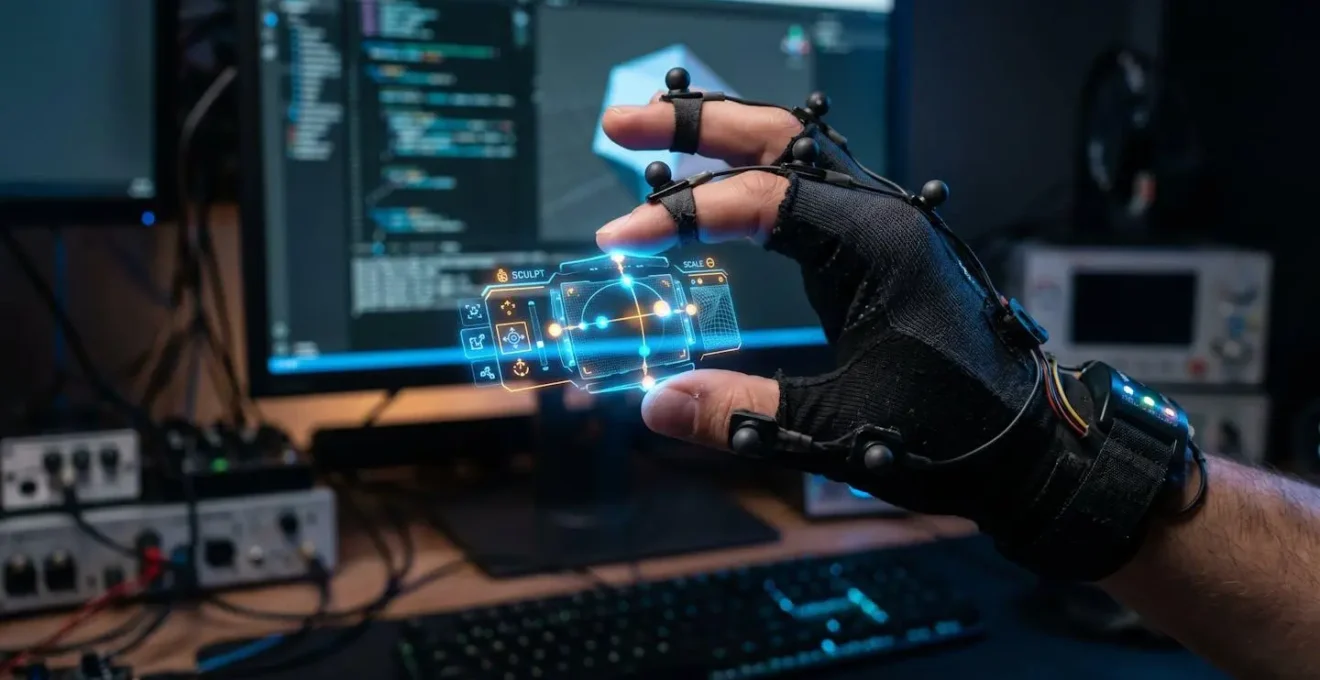 Main en gros plan manipulant un outil virtuel avec capteurs de tracking