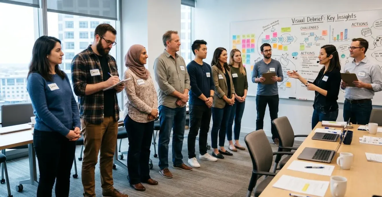 Participants positionnés sur une ligne de progression lors d'un débriefing visuel