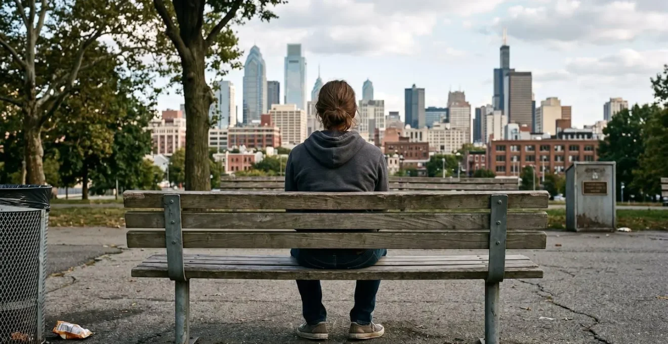 Jeune personne de dos assise sur un banc contemplant un horizon urbain américain