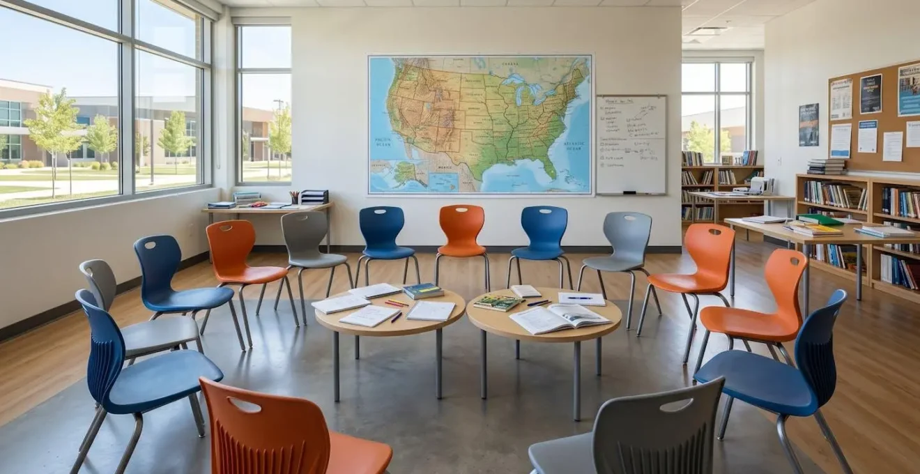 Salle de classe moderne vide avec carte des États-Unis au mur et chaises disposées en cercle de conversation