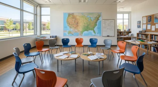 Salle de classe moderne vide avec carte des États-Unis au mur et chaises disposées en cercle de conversation