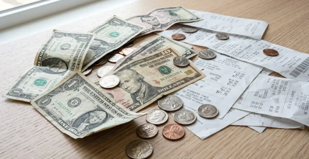 Gros plan de billets et pièces en dollars américains avec reçus de dépenses quotidiennes sur surface moderne