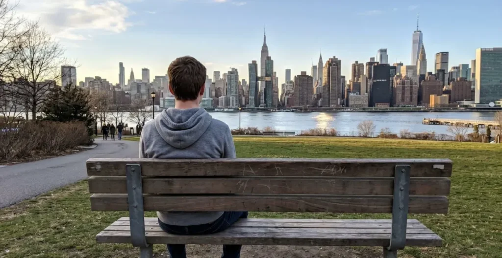 Jeune personne de dos assise sur un banc contemplant un horizon urbain américain
