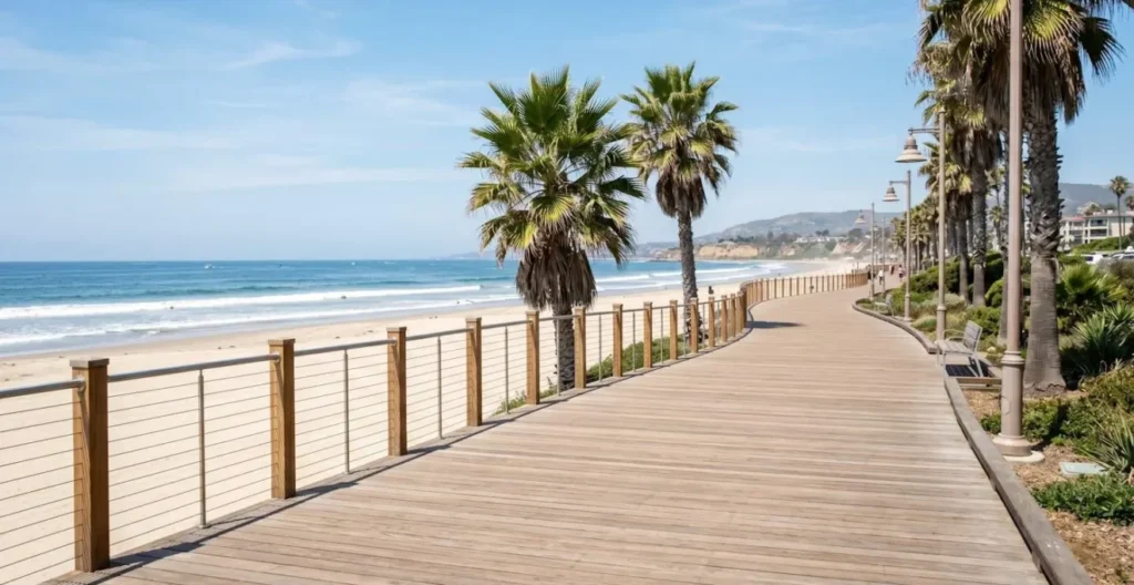 Promenade côtière californienne ensoleillée avec palmiers sous ciel bleu éclatant